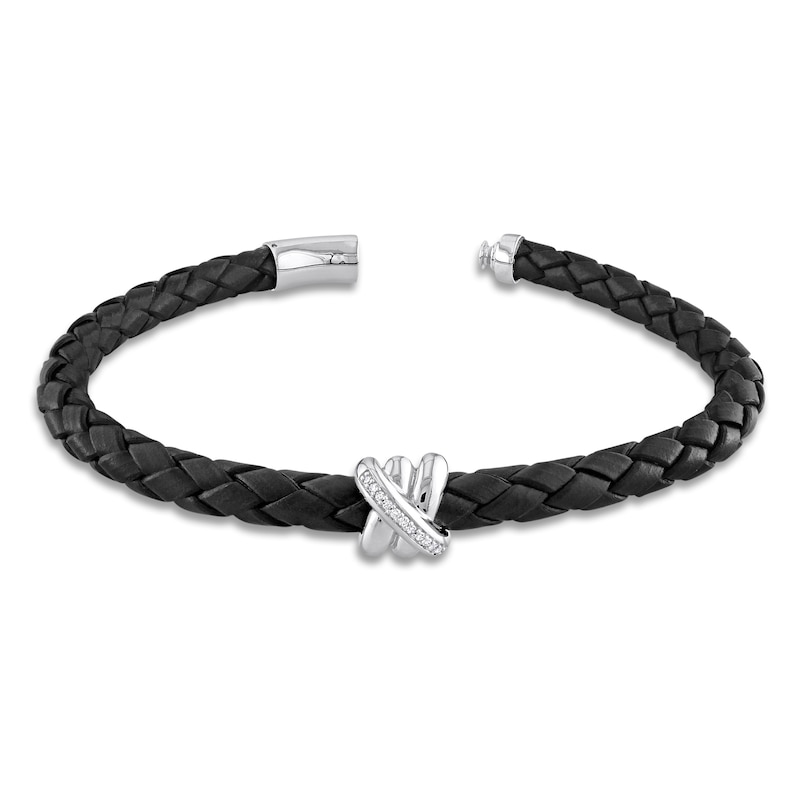 Y-Knot Men's Diamond & Woven Black Leather Bracelet 1/20 ct tw Round 14K White Gold 9"