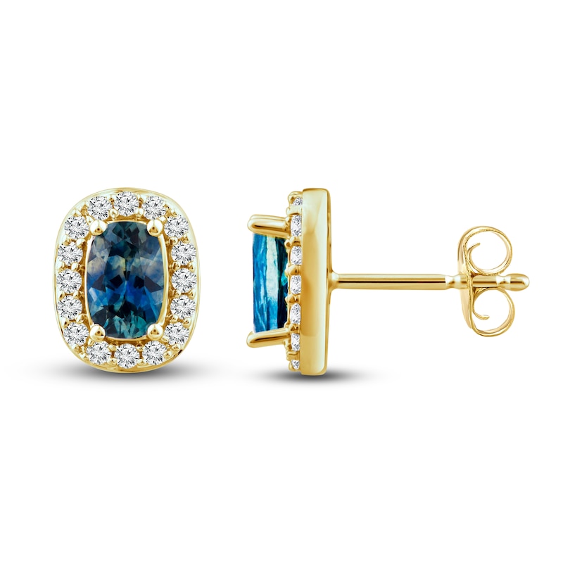 Montana Blue Cushion-Cut Natural Sapphire Stud Earrings 1/4 ct tw Round Diamonds 14K Yellow Gold