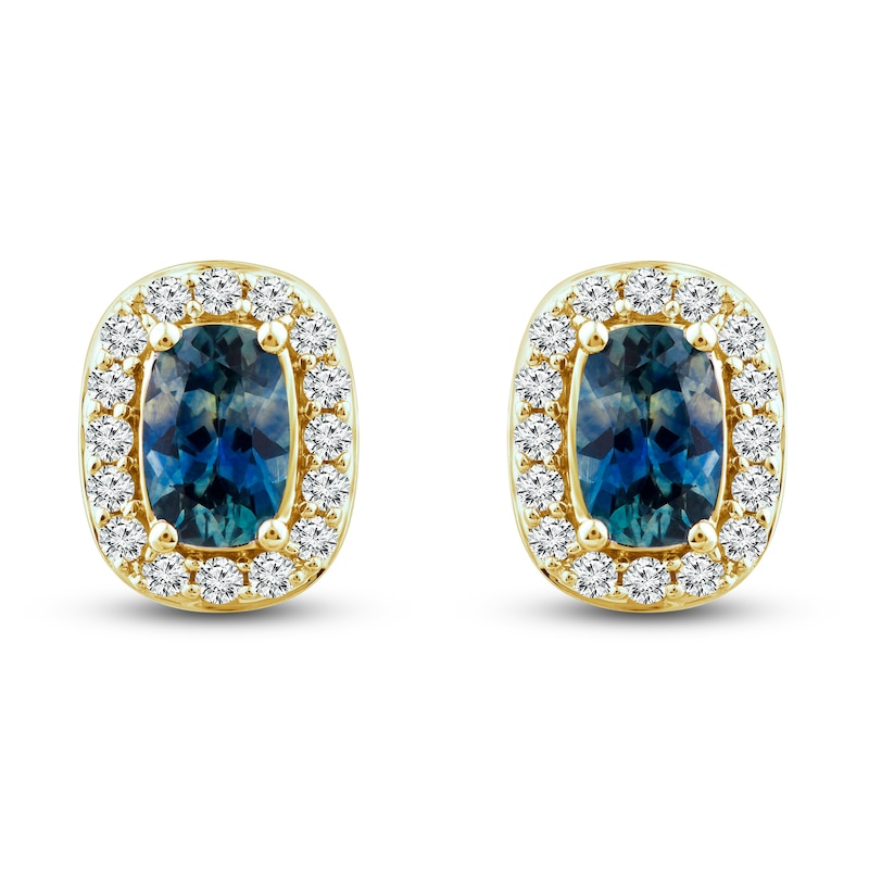 Montana Blue Cushion-Cut Natural Sapphire Stud Earrings 1/4 ct tw Round Diamonds 14K Yellow Gold