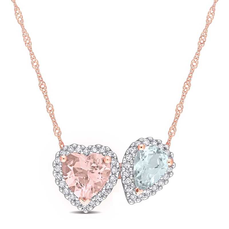 Natural Aquamarine & Natural Morganite Heart Necklace 1/5 ct tw Diamonds 14K Rose Gold 17"