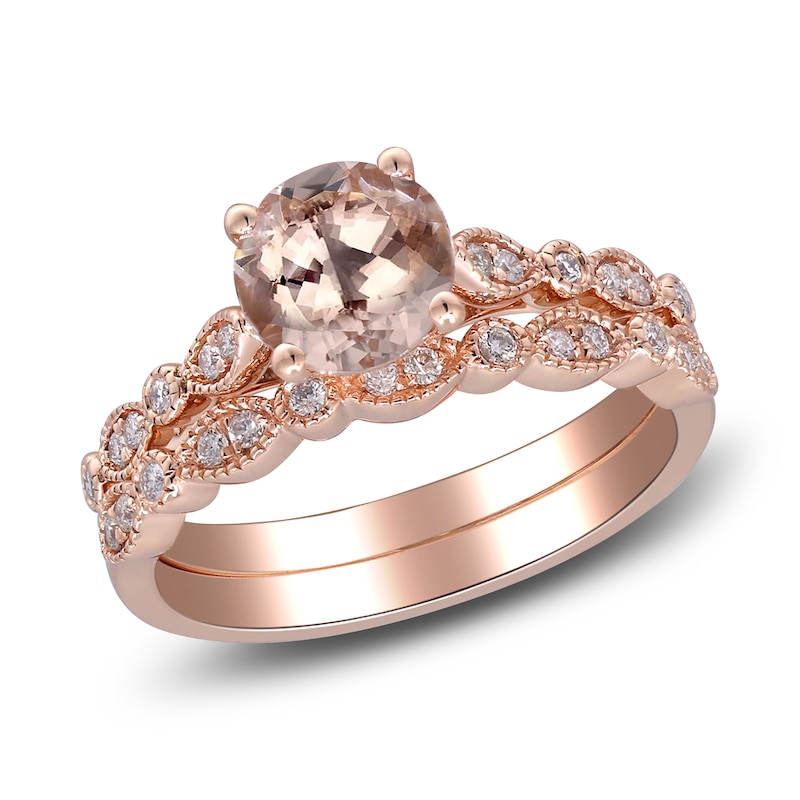 Natural Morganite & Diamond Milgrain Bridal Set 1/5 ct tw 14K Rose Gold