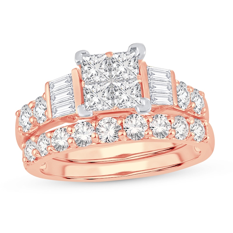 Diamond Bridal Set 2 ct tw Round/Princess/Baguette 14K Rose Gold