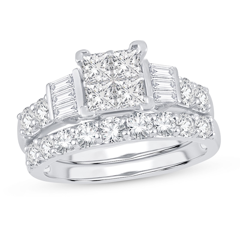 Diamond Bridal Set 2 ct tw Round/Princess/Baguette 14K White Gold