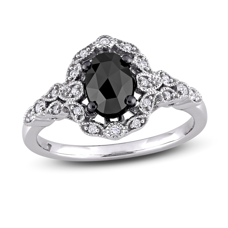 Black Diamond Engagement Ring 1 ct tw Round/Oval 14K White Gold
