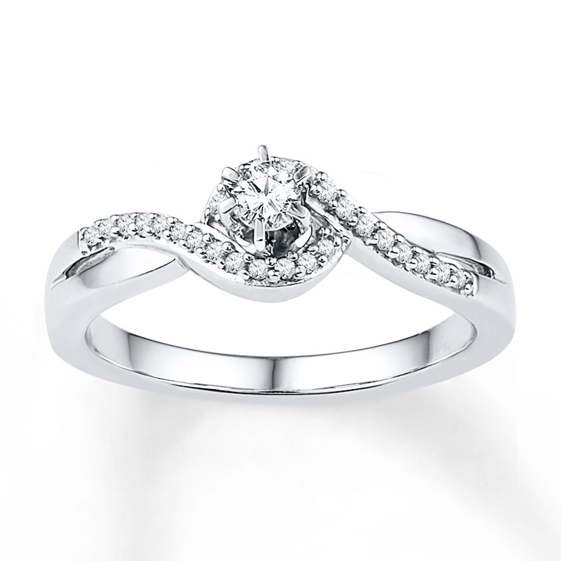 10k or 14k White Gold Promise Ring Round Center Diamond and Accents