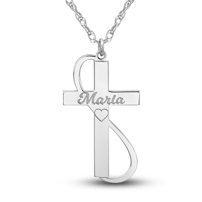 Engravable Cross Pendant Necklace 14K White Gold 28mm 18" Adj.