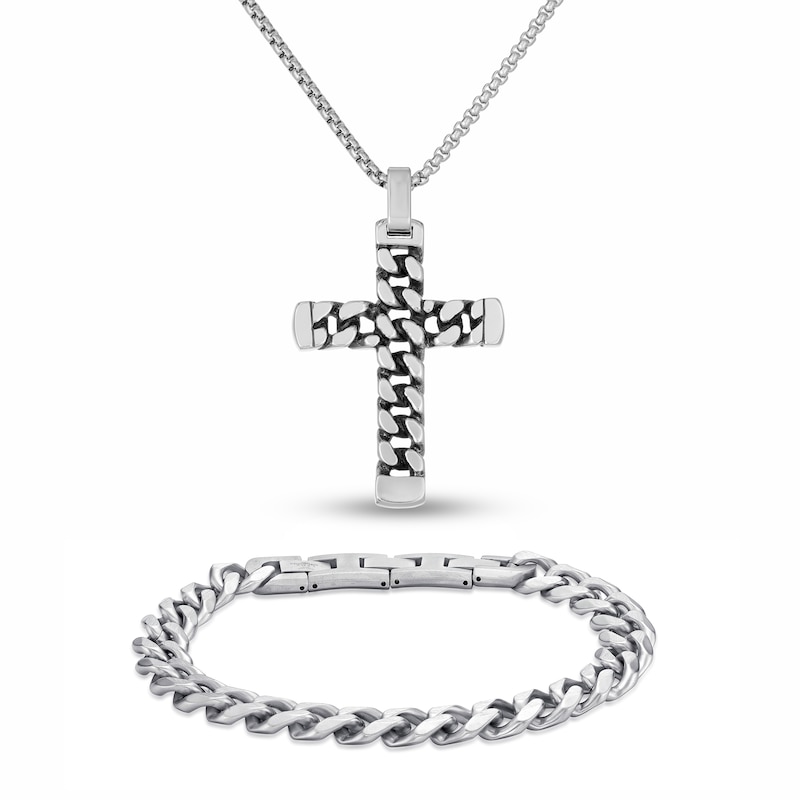Main Image 1 of Men's Solid Cross Necklace & Bracelet Set Stainless Steel