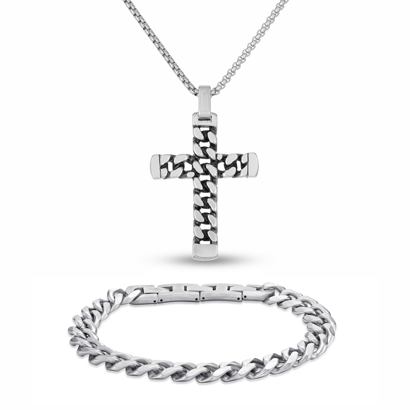 Men's Solid Cross Necklace & Bracelet Set Stainless Steel