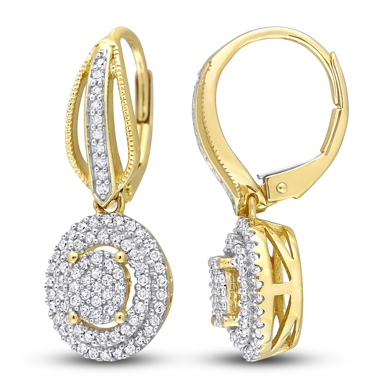 Diamond Oval Dangle Earrings 1/2 ct tw Round 10K Yellow Gold