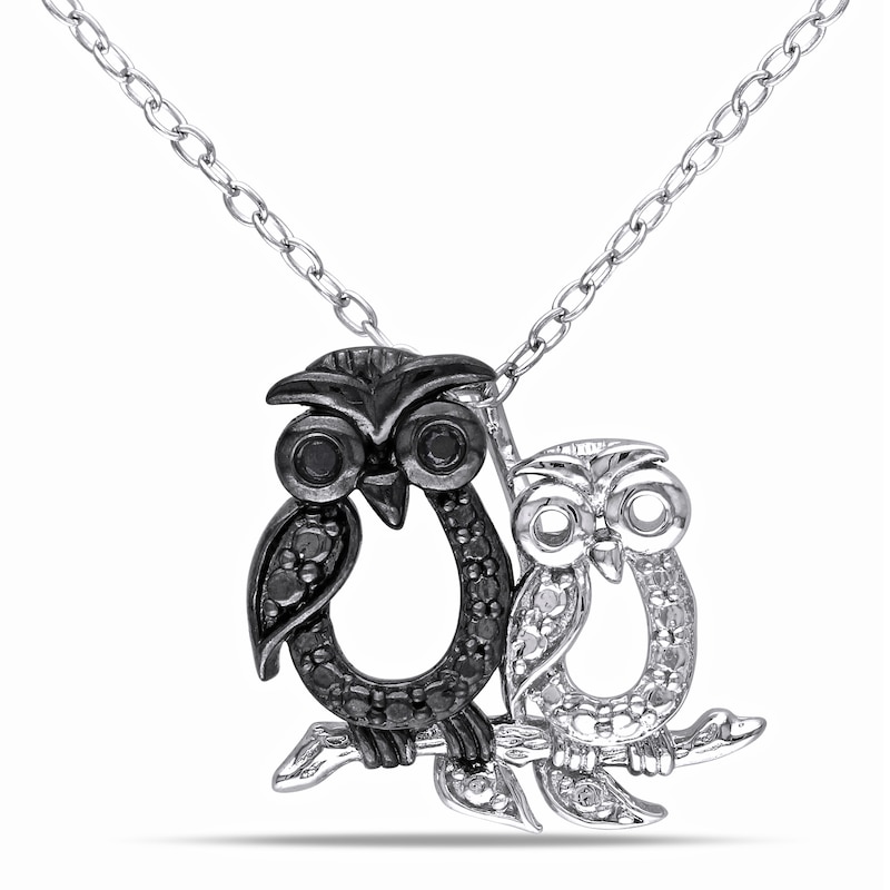 Main Image 1 of Black Diamond Owl Diamond Accents Necklace Sterling Silver 18"
