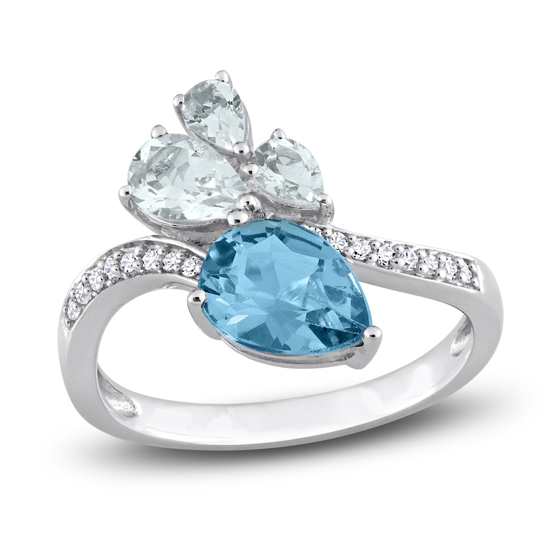 Main Image 1 of Natural Aquamarine & Natural Blue Topaz Ring 1/10 ct tw Diamonds 14K White Gold