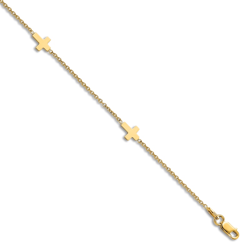 High-Polish Cross Anklet 14K Yellow Gold 9"