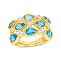 Kallati Natural Blue Topaz Ring 1/6 ct tw Diamonds 14K Yellow Gold