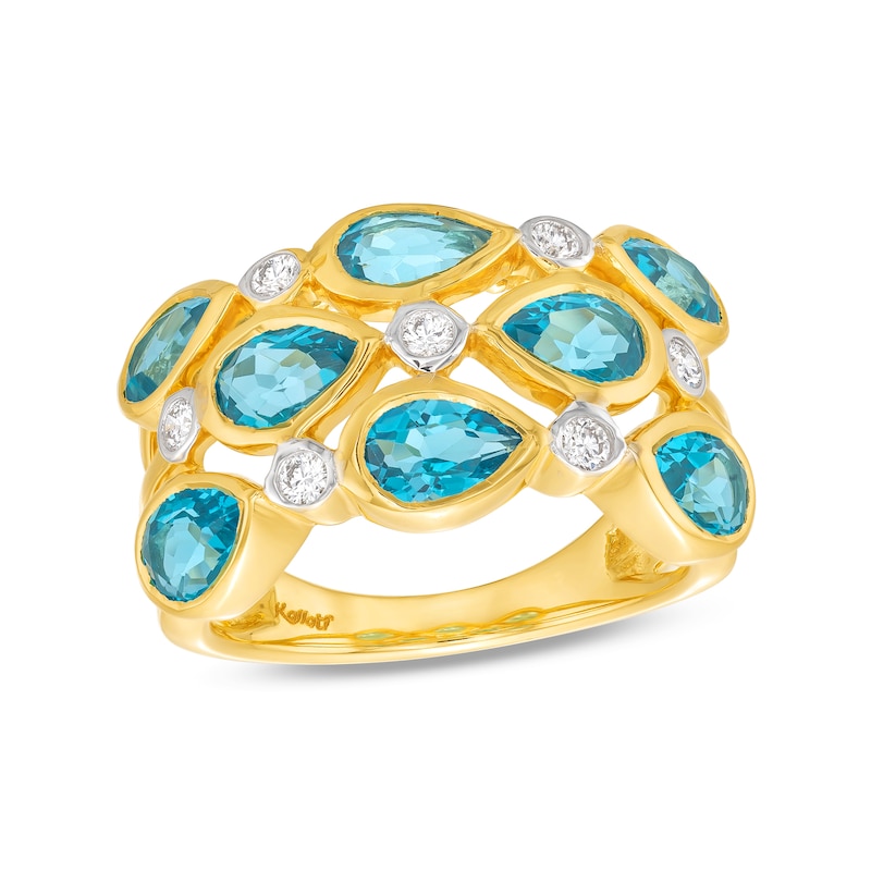 Kallati Pear-Shaped Natural Blue Topaz Ring 1/6 ct tw Diamonds 14K Yellow Gold