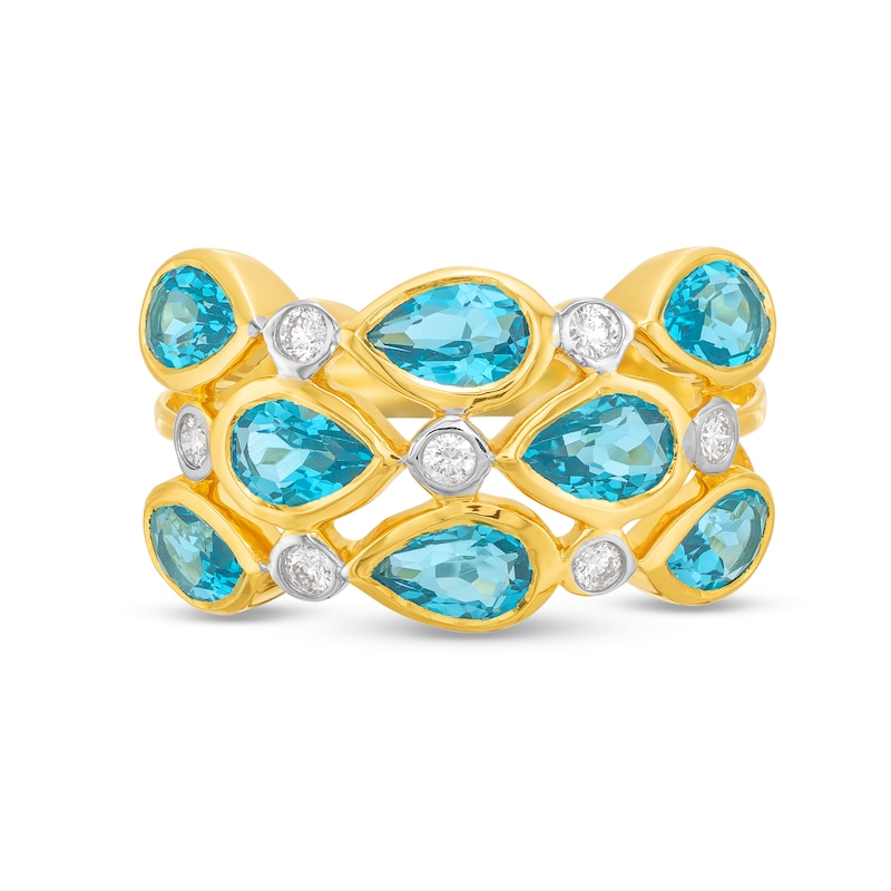 Main Image 4 of Kallati Pear-Shaped Natural Blue Topaz Ring 1/6 ct tw Diamonds 14K Yellow Gold