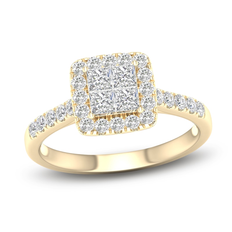 Diamond Halo Engagement Ring 3/4 ct tw Round 14K Yellow Gold