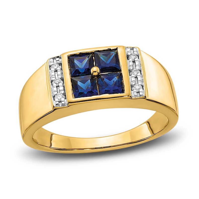 Men's Blue Lab-Created Sapphire Ring 1/20 ct tw Diamonds 14K Yellow Gold