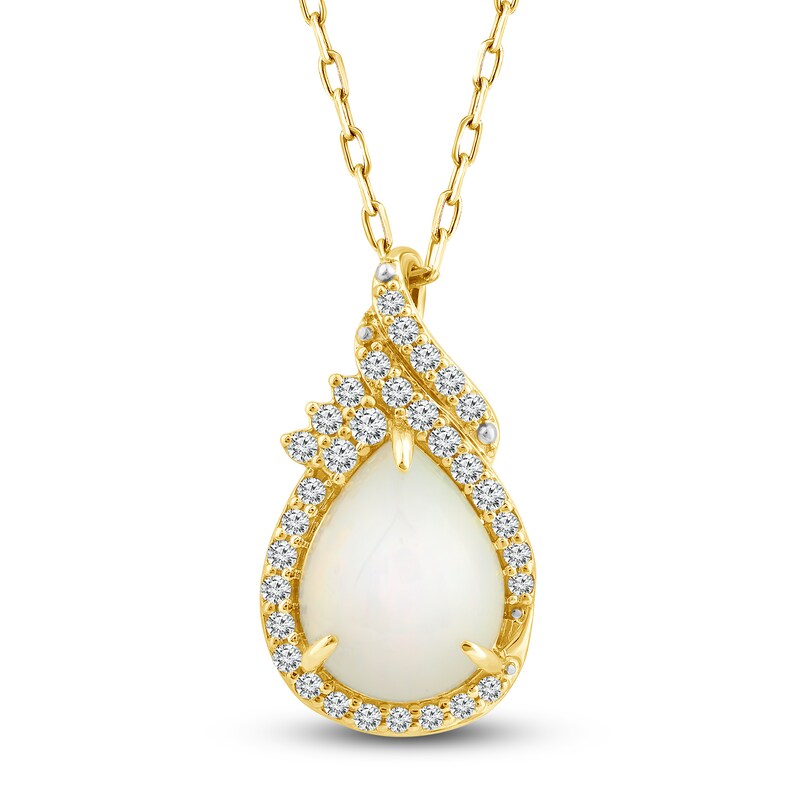 Main Image 1 of Natural Opal Pendant Necklace 1/6 ct tw Diamonds 14K Yellow Gold 18"