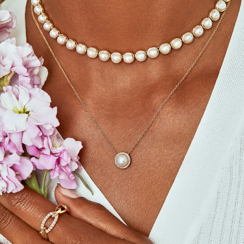 Main Image 4 of Shy Creation Freshwater Cultured Pearl Necklace 1/20 ct tw Diamonds 14K Yellow Gold 18" SC55023951