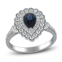 Pear-Shaped Natural Blue Sapphire & Diamond Halo Engagement Ring 1/2 ct tw 14K White Gold
