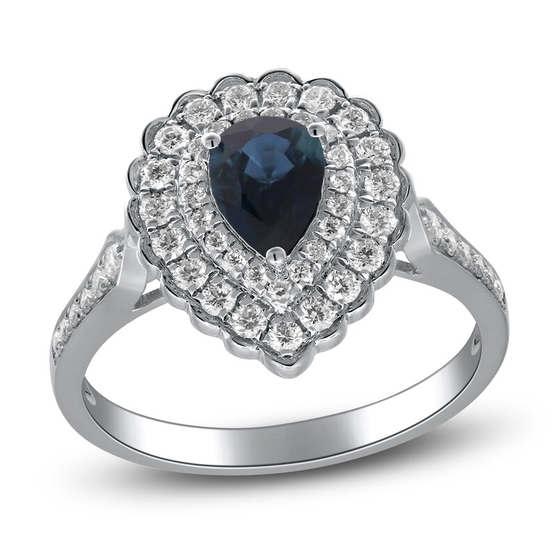 Main Image 1 of Pear-Shaped Natural Blue Sapphire & Diamond Halo Engagement Ring 1/2 ct tw 14K White Gold