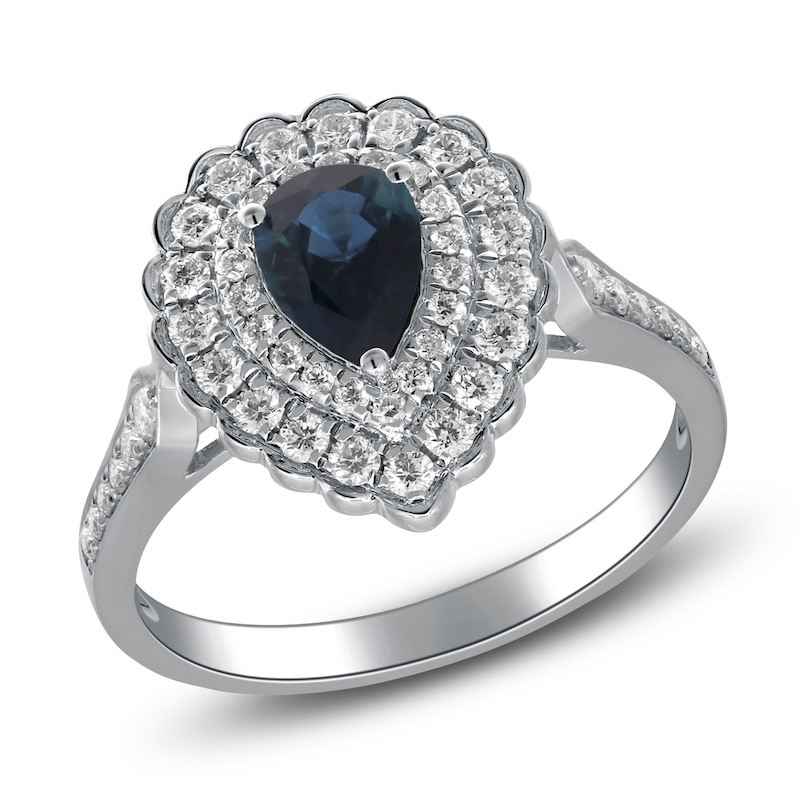 Main Image 2 of Pear-Shaped Natural Blue Sapphire & Diamond Halo Engagement Ring 1/2 ct tw 14K White Gold
