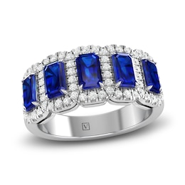 Natural Rectangle-Cut Blue Sapphire & Diamond Ring 1/3 ct tw 14K White Gold