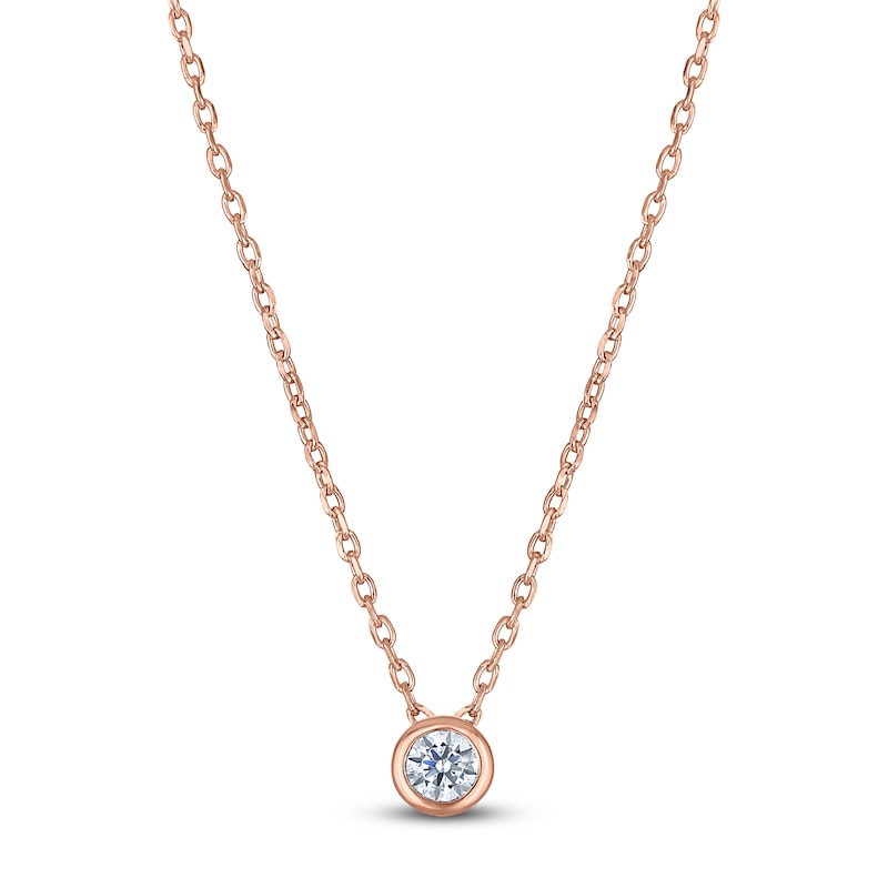 Main Image 1 of Certified Round-Cut Diamond Bezel-Set Solitaire Necklace 1/10 ct tw 14K Rose Gold 18" (I1/I)