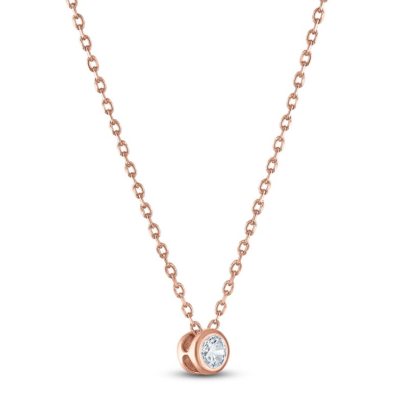 Main Image 2 of Certified Round-Cut Diamond Bezel-Set Solitaire Necklace 1/10 ct tw 14K Rose Gold 18" (I1/I)