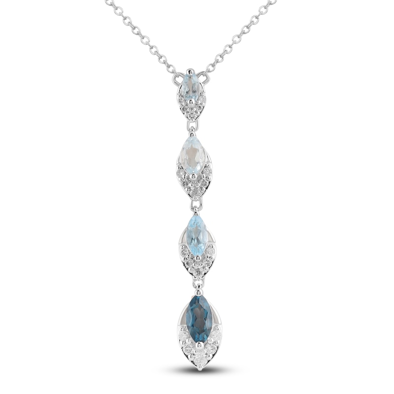 Main Image 1 of Marquise-Cut Natural Sky, Swiss & London Blue Topaz Drop Necklace 1/6 ct tw Diamonds 10K White Gold 18"