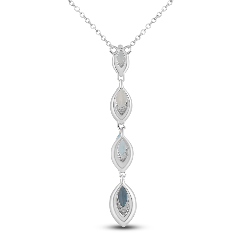 Main Image 2 of Marquise-Cut Natural Sky, Swiss & London Blue Topaz Drop Necklace 1/6 ct tw Diamonds 10K White Gold 18"