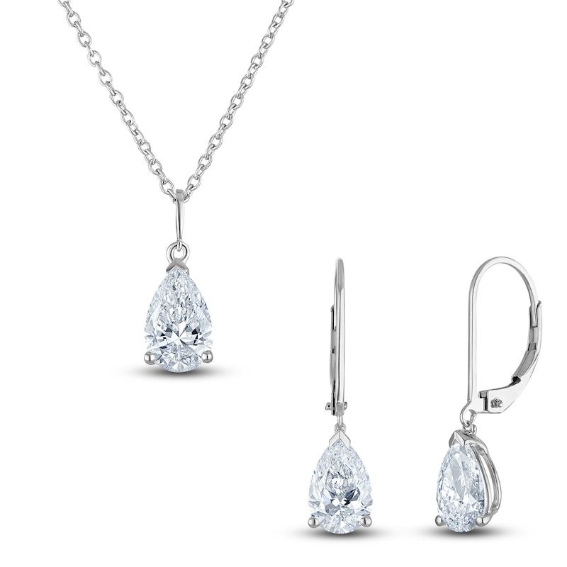 Main Image 2 of Pear-Shaped Lab-Grown Diamond Solitaire Wedding Day Gift Set 3 ct tw 14K White Gold (SI2/F)