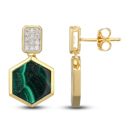 Hexagon-Cut Natural Malachite & Diamond Dangle Earrings 1/8 ct tw 14K Yellow Gold