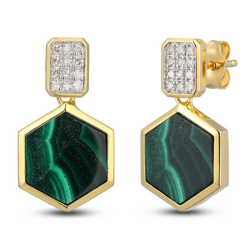 Main Image 2 of Hexagon-Cut Natural Malachite & Diamond Dangle Earrings 1/8 ct tw 14K Yellow Gold