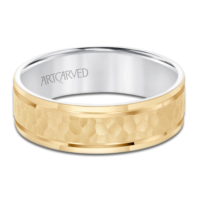 Main Image 3 of ArtCarved Men's Hammered Wedding Band 14K Two-Tone Gold 6.5mm