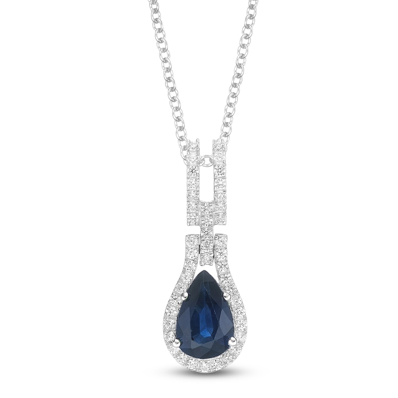 Main Image 1 of Pear-Shaped Natural Blue Sapphire & Diamond Drop Necklace 1/6 ct tw 10K White Gold 18"