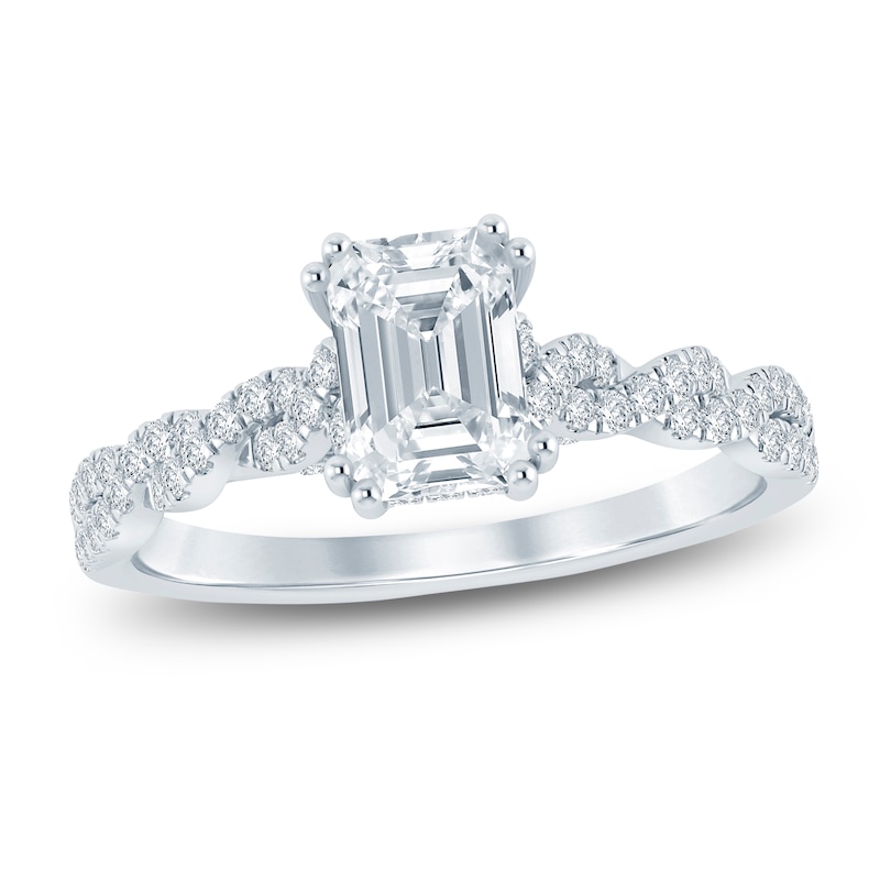 Main Image 1 of Certified Emerald-Cut Diamond Hidden Halo Twist Shank Engagement Ring 1-1/4 ct tw 14K White Gold