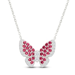 Lab-Created Ruby & White Lab-Created Sapphire Butterfly Necklace Sterling Silver 18"