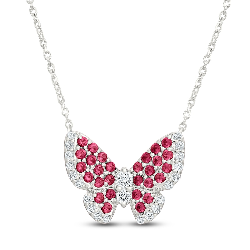 Main Image 1 of Lab-Created Ruby & White Lab-Created Sapphire Butterfly Necklace Sterling Silver 18"