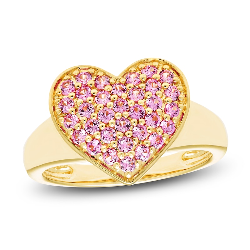 Main Image 1 of Pink Lab-Created Sapphire Pavé Heart Ring 10K Yellow Gold