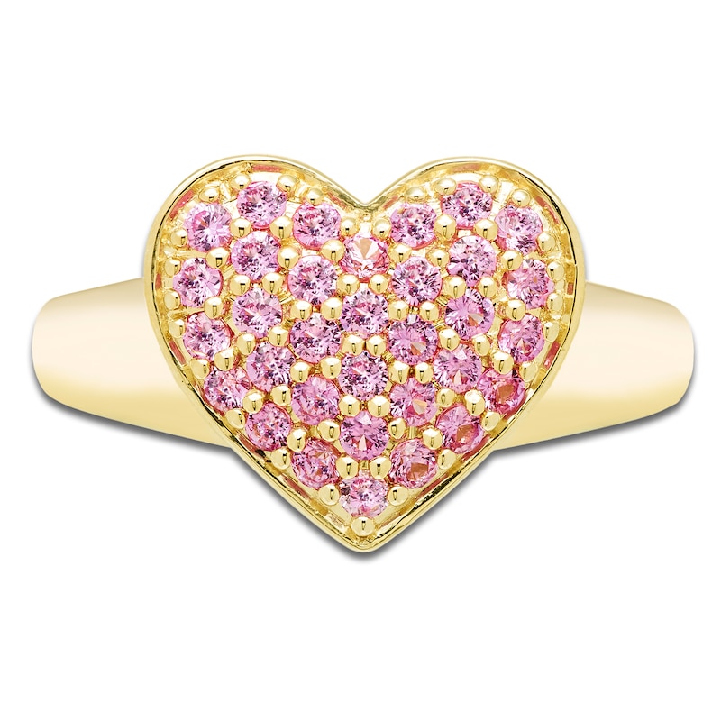 Main Image 3 of Pink Lab-Created Sapphire Pavé Heart Ring 10K Yellow Gold