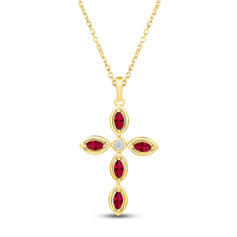 Main Image 1 of Marquise-Cut Lab-Created Ruby & Diamond Accent Cross Necklace 10K Yellow Gold 18"