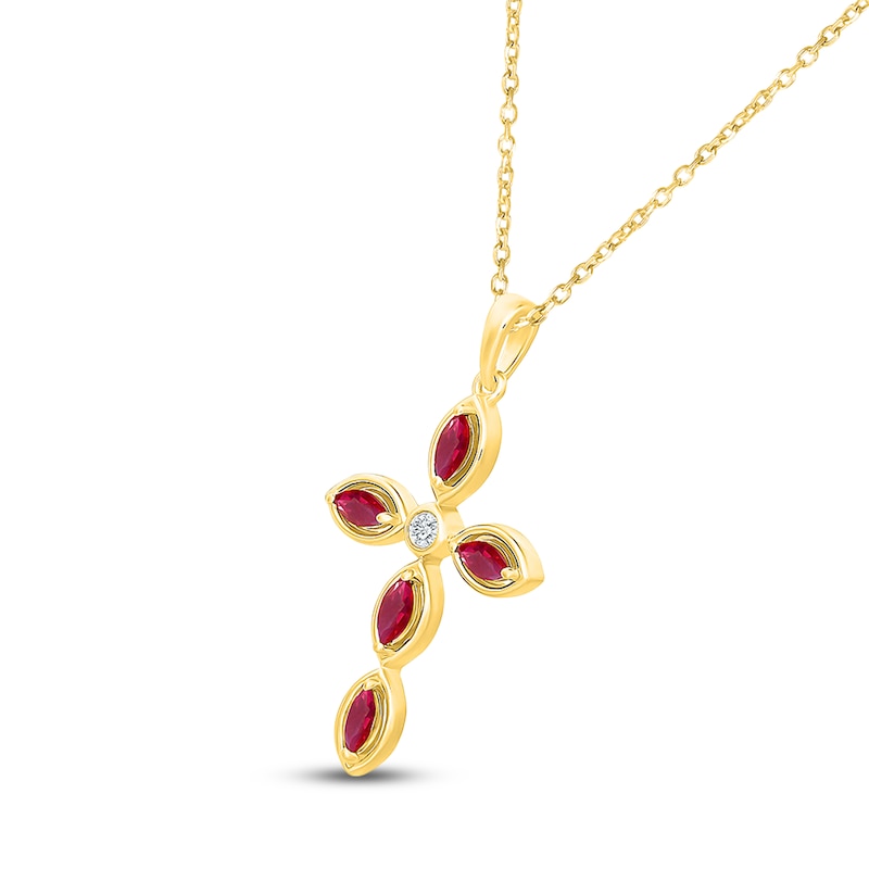Main Image 2 of Marquise-Cut Lab-Created Ruby & Diamond Accent Cross Necklace 10K Yellow Gold 18"