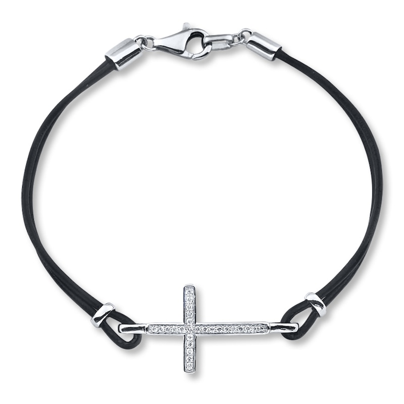 Main Image 1 of Diamond Cross Bracelet 1/6 ct tw Sterling Silver/Black Leather