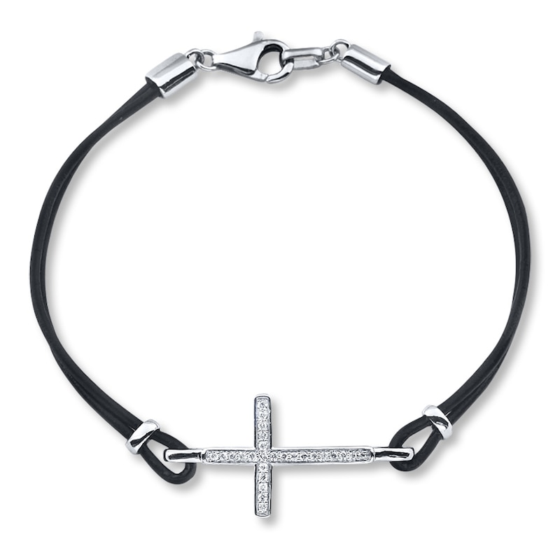 Diamond Cross Bracelet 1/6 ct tw Sterling Silver/Black Leather