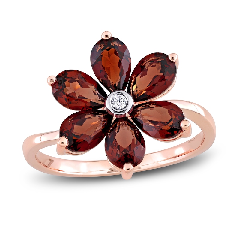 Main Image 1 of Natural Garnet Floral Ring Diamond Accent 10K Rose Gold