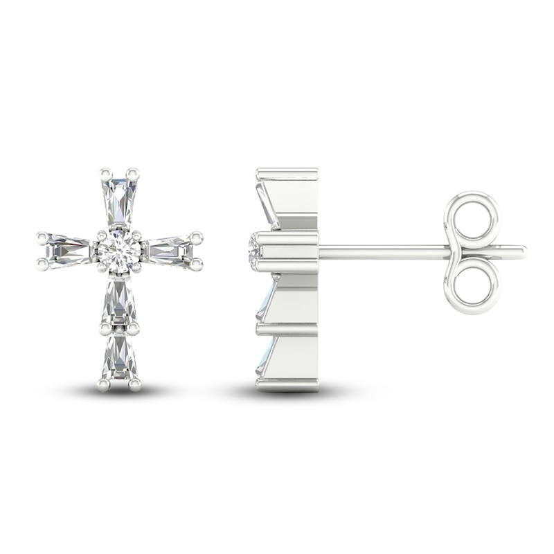 Main Image 1 of Diamond Cross Stud Earrings 1/8 ct tw Round/Baguette 10K White Gold