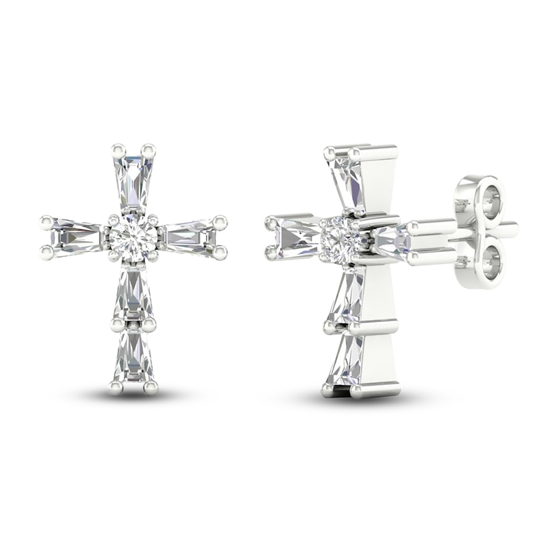 Diamond Cross Stud Earrings 1/8 ct tw Round/Baguette 10K White Gold