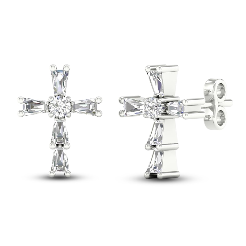 Main Image 2 of Diamond Cross Stud Earrings 1/8 ct tw Round/Baguette 10K White Gold