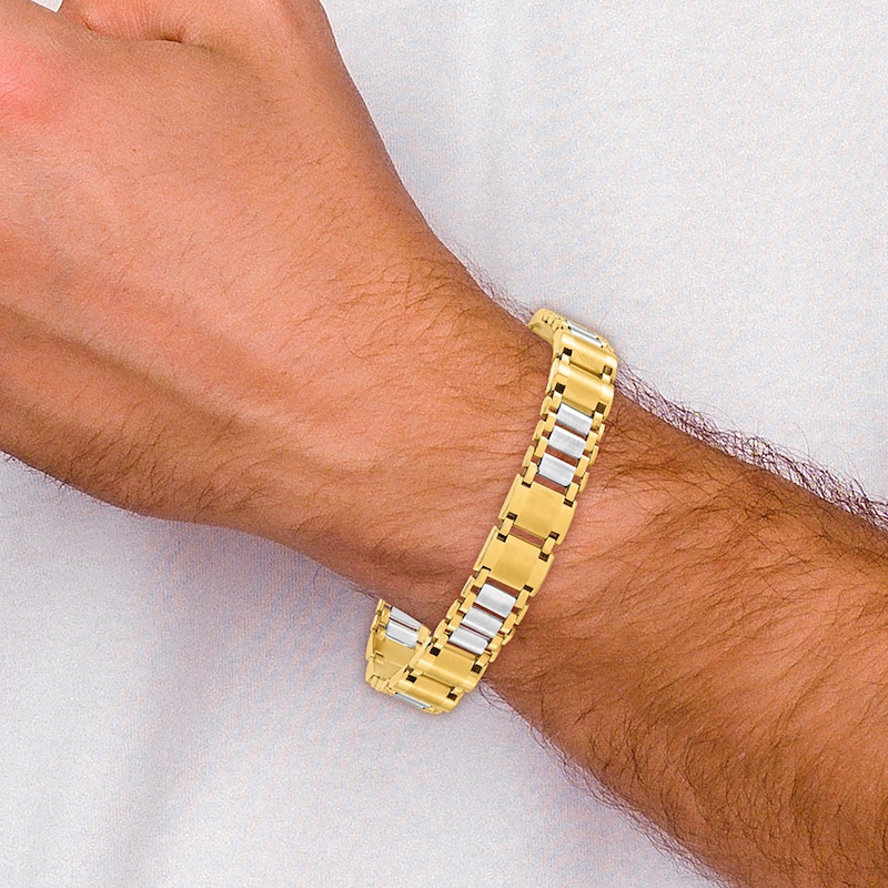 Main Image 4 of Men's Solid Brushed Link Bracelet 14K Two-Tone Gold 8.5"